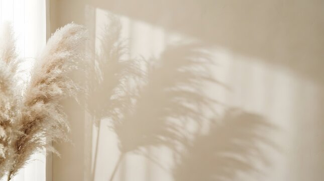 Shadow of pampas grass on a beige wall with soft sunlight