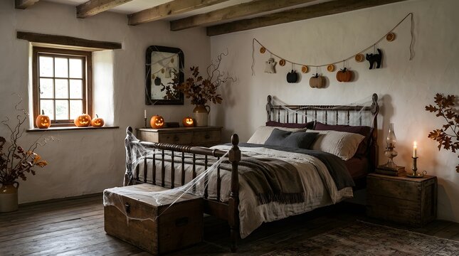 Cozy Rustic Bedroom Decorated for Halloween with Pumpkins and Cobwebs