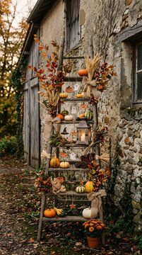 Rustic farmhouse ladder adorned with vibrant fall decor and harvest bounty