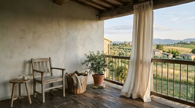 Rustic Wooden Balcony with Scenic Views of Tuscan Countryside