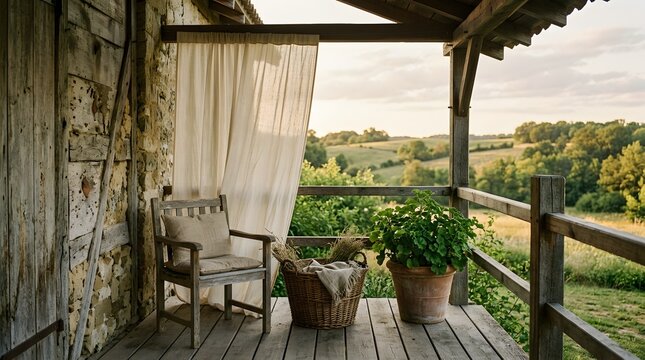 Cozy Rustic Porch Overlooking Rolling Hills at Sunset