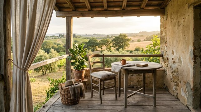 Scenic Tuscan Balcony View Overlooking Rolling Hills at Sunset