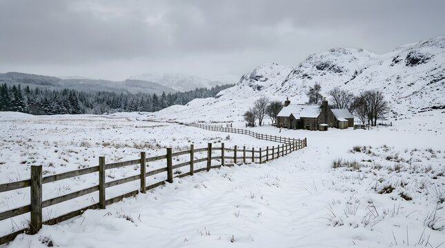 Cozy stone cottage in a snow-covered Scottish Highlands landscape
