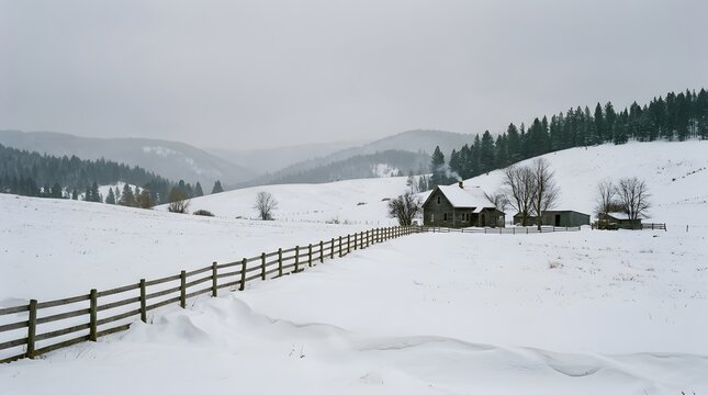 Serene winter countryside view with rustic fence and snow covered cabin