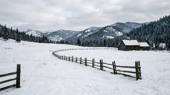 Rustic Wooden Cabin in Snowy Mountain Landscape with Long Fencing