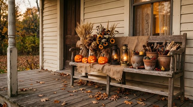Cozy Autumn Porch Decorated with Pumpkins, Lanterns, and Sunflowers