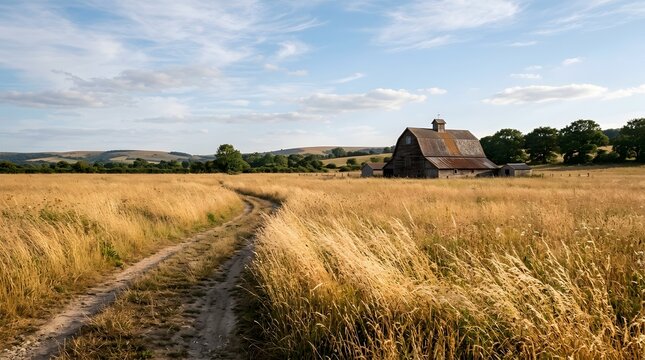 Peaceful rural farm scene with an aged barn and rolling golden grass