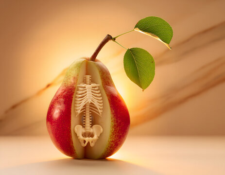 Conceptual image of a fresh ripe pear cut open revealing a human skeleton torso inside representing health nutrition and inner body wellness a unique blend of nature and