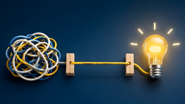 Tangled rope clamped by wooden block transforming to straight line and lightbulb. Concept of conflict resolution, management, and leadership.