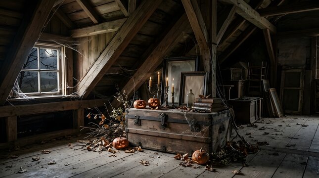 Moody Halloween setup in an old rustic attic with pumpkins and a trunk