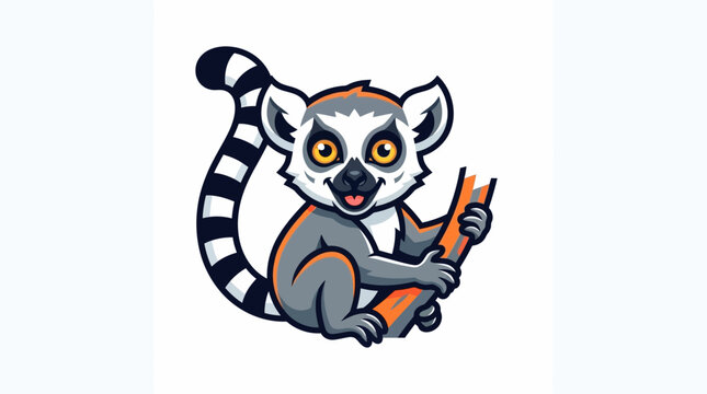 Cute ring-tailed lemur sitting with striped tail and orange bandana, sticker style illustration, isolated on white background, great for print design.
