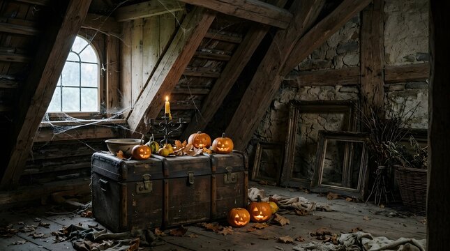 Spooky Halloween Attic with Glowing Jack-o'-Lanterns and Antique Trunk