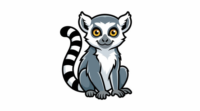 Cute ring-tailed lemur sitting with striped tail and orange bandana, sticker style illustration, isolated on white background, great for print design.