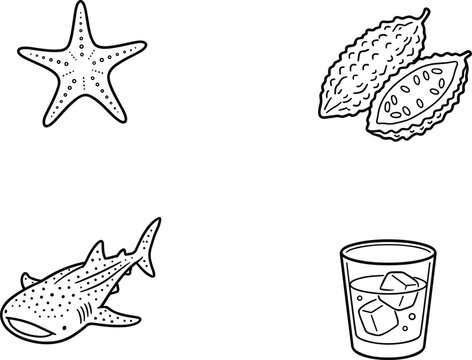 Hand drawn minimal line art illustration set with starfish bitter gourd whale shark and iced drink vector