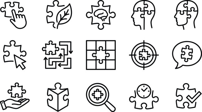 Problem solving and business strategy line icon set featuring puzzle piece solutions brainstorming cooperation and logic concepts