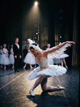Professional Ballet Dancer in White Swan Costume Performing Dramatic Solo on Theater Stage