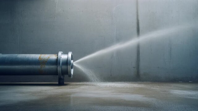 Pressurized Water Spraying From Leaking Industrial Steel Pipe