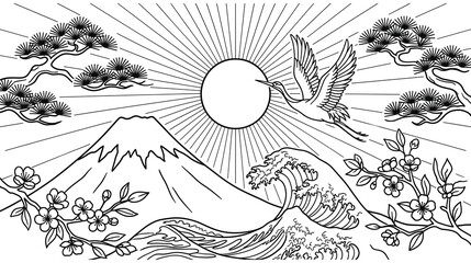 Naklejka premium Japanese landscape with fuji mountain crane bird and ocean wave for traditional art print.