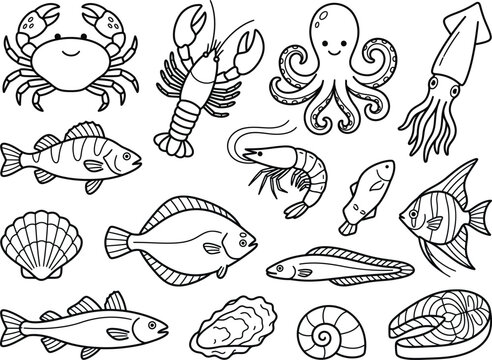 Variety of hand drawn seafood creatures illustration black and white sketch