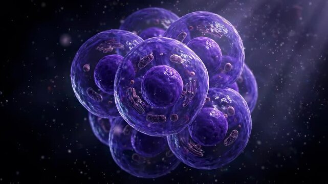 Cluster of Deep Violet Stem Cells Replicating in Dark Microscopic Void with Cinematic Volumetric Rays