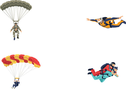 Extreme Skydiving and Parachuting Action Vector Character Set with Free Fall Divers Tandem Jump and Military Paratrooper for Adventure Sports Designs
