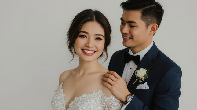 Asian bride smiling with groom in wedding attire