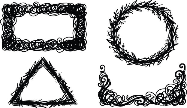 Hand drawn decorative frame border icon set featuring scribble rectangle branch wreath triangle and swirl flourish doodle vectors for vintage invitations,