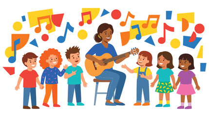 Fototapeta premium Music teacher playing guitar for happy students with colorful musical notes flat vector.