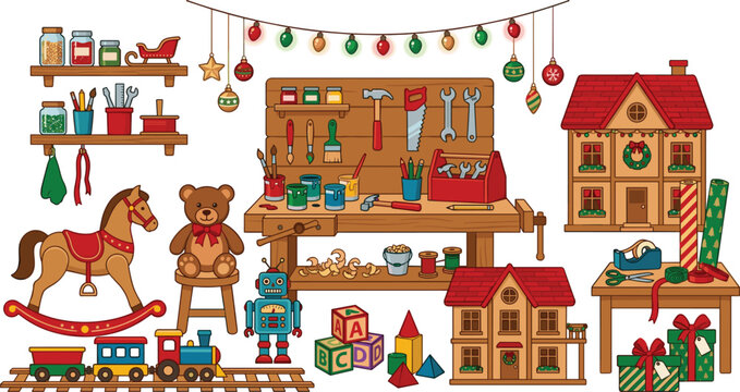 Christmas holiday santas toy workshop setup with wooden workbench traditional vintage toys paint tools wrapping station and festive decorations vector illustration