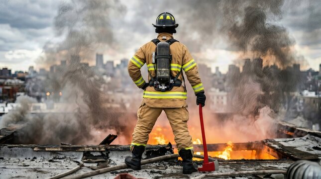 Firefighter in protective gear stands on a rooftop observing smoke and flames from a building fire with a city skyline visible in the background