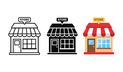 Naklejka premium Set of store icons in three styles outline, solid, and flat color, representing a shop or retail building vector