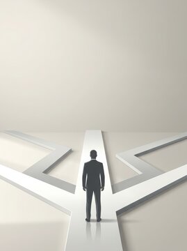 Premium conceptual business illustration representing strategic leadership, management decision making, corporate direction and planning through an executive silhouette facing multiple strategic paths