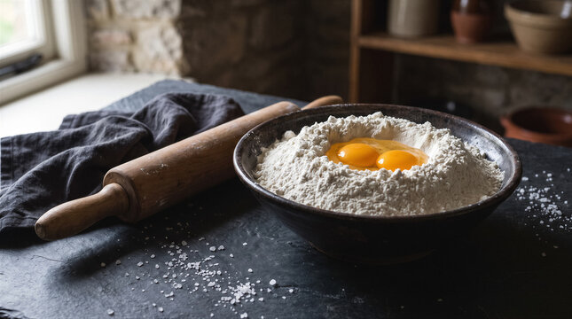 Bowl of flour with two egg yolks in the center, a rolling pin, and a cloth on a dark stone surface for baking preparation