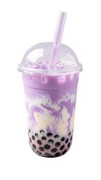 Taro flavored bubble tea in disposable cup