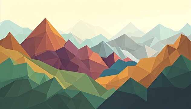 Vibrant abstract geometric mountain landscape with colorful layered polygons and soft gradient sky