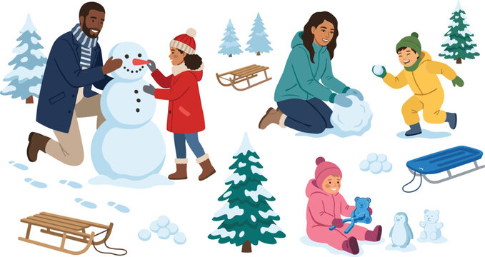 Happy Black family with children playing in snow building snowman rolling snowball and sledding flat vector illustration isolated elements set
