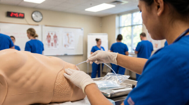 Nursing student practicing catheter insertion on a medical training mannequin in a clinical skills laboratory classroom