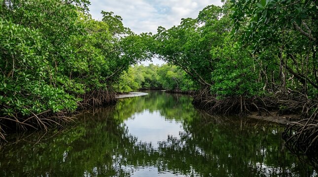 Lush Green Mangrove Forest with Arched Trees and Tangled Roots Reflected in Calm River Water under Cloudy Sky