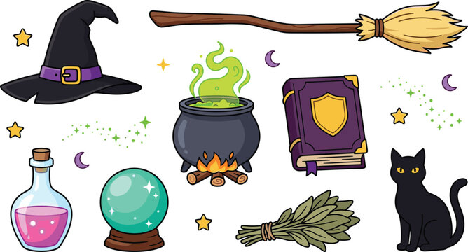 Cat, Magic Spellbook, Broom, Cauldron, Potion Bottle, Crystal Ball and Witch Hat Icon Set Illustration