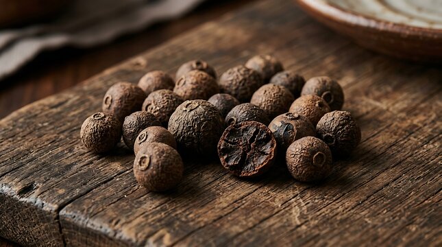 Dried allspice berries on a rustic wooden board for cooking and culinary seasoning.