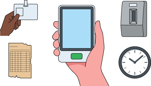 Hand Holding Tablet with Time Clock Reminder Icons, Card Reader, and Document Paper for Productivity Concept