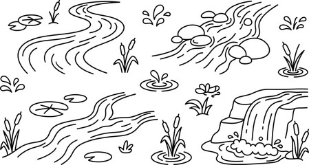 Obraz premium River Stream Illustration with Plants, Bubbles, and Small Waterfall for Environmental Concept and Design