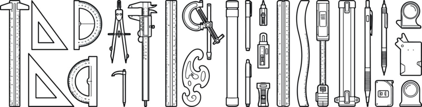Technical Drawing and Architecture Engineering Measuring Tools Set Featuring T Square, Protractor, Caliper, Ruler, French Curve, and Drafting Pen Outline Vectors