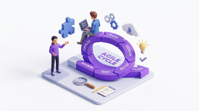 3D render of agile business cycle with characters and icons, business