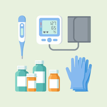 Flat vector illustration of healthcare medical equipment including a digital thermometer, blood pressure monitor with cuff, pharmacy bottles, and blue surgical gloves on light green.