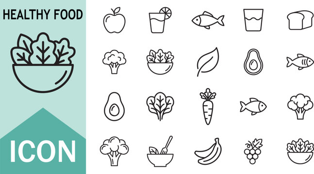Healthy food icon set apple broccoli and salad bowl symbols vector