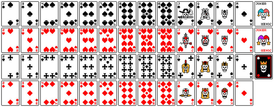 Complete Pixel Art Playing Card Deck Icon Sheet with Fantasy Skeleton Face Cards