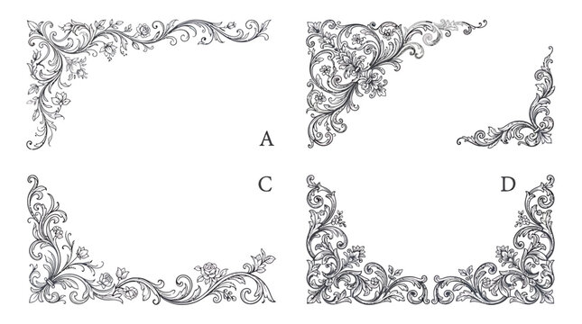 Set of four elegant vintage floral corner ornaments for decorative frames and borders.
