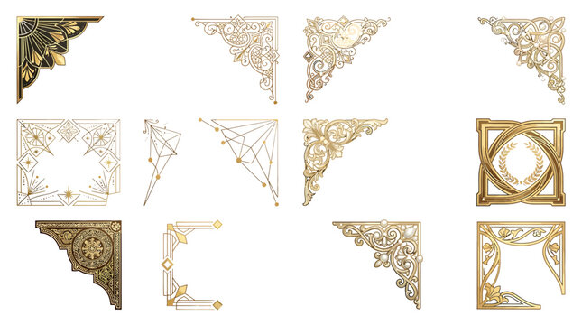 Set of vintage decorative corner ornaments and frames in gold and black isolated on white background.