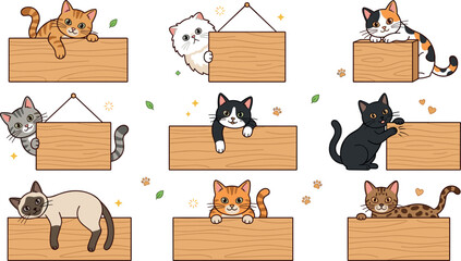 Cute Cartoon Cat and Kitten Breed Character Set Holding Blank Wooden Signs and Hanging Planks for Pet Shop Sale Banners and Kids Graphic Designs